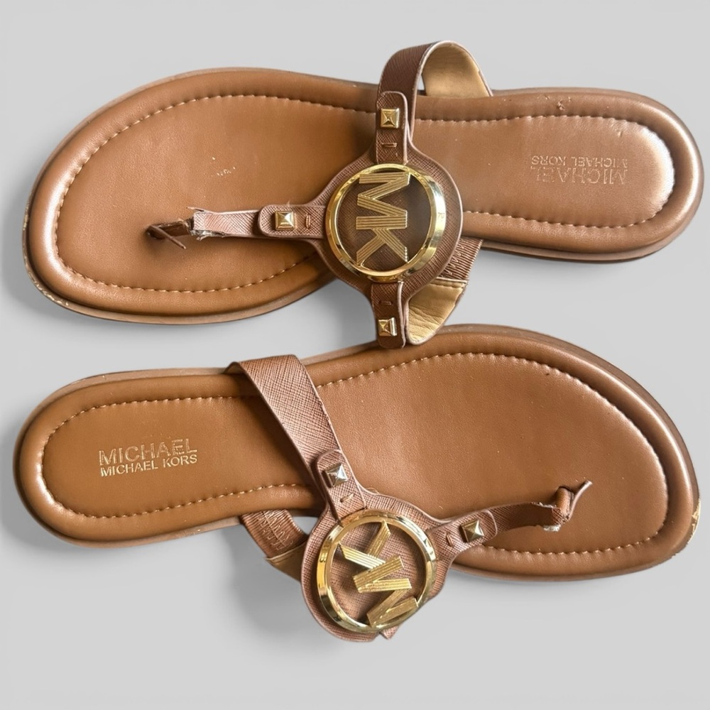 Michael Michael Kors Aubrey Logo T-strap Sandal Brown Size 7.5 - Picture 2 of 14